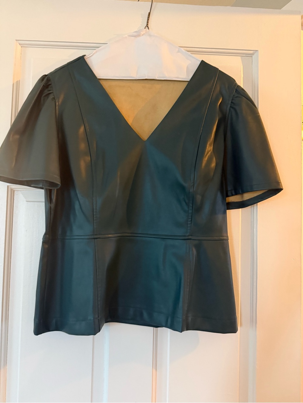 Vegan Leather V-Neck Peplum Top - Teal Green, Sz M, Worn Once